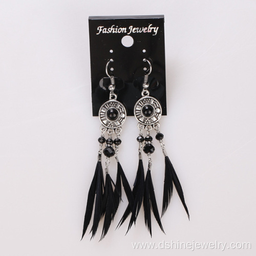 Black Feather Earrings Alloy Pendant Crystal Hook Earrings